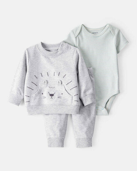 baby boy 3-piece lion little pullover set - grey/green