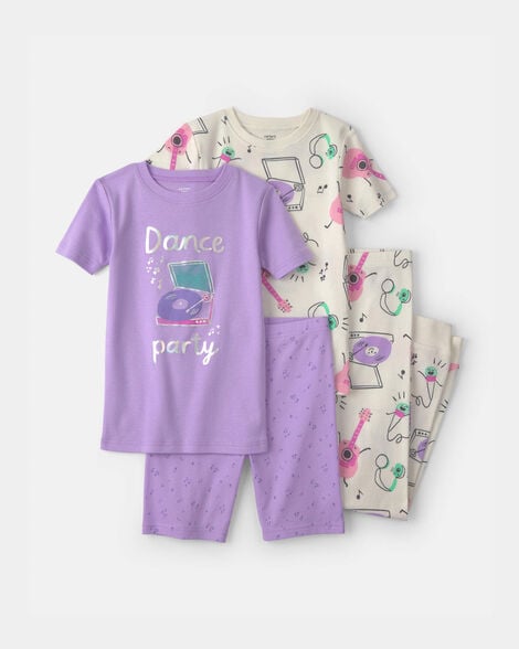 girls dance party 100% cotton 4-piece pajama set - purple