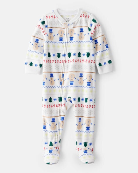 toddler snowman fair isle fleece long-sleeve loose fit 1-piece pajamas - white