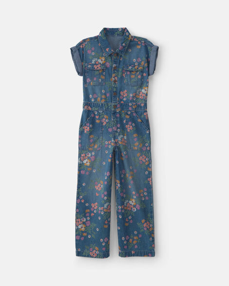 Girls Floral Denim Short-Sleeve Jumpsuit - Dark Wash