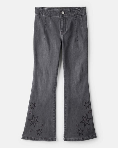Girls Star Print Denim Bootcut Jeans - Black