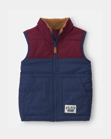 toddler boy color block teddy fleece vest - navy blue/burgundy