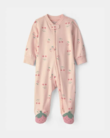 Image of Baby Girl Strawberry 100% Cotton 2-Way Zip Sleep & Play Pajamas - Pink