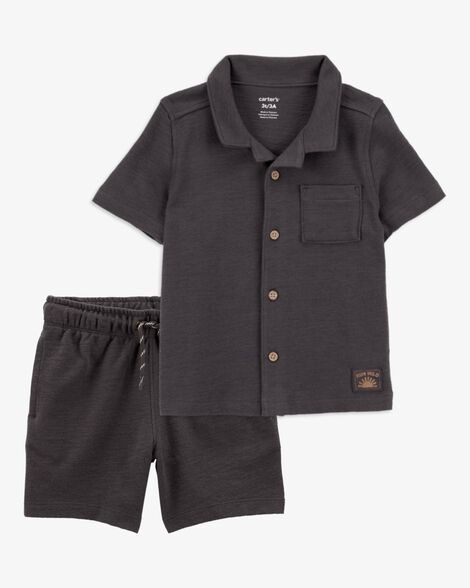 Product image 1 of Baby 2-Piece Textured Button-Down Jacquard Shirt & Shorts Set - Brown/Black