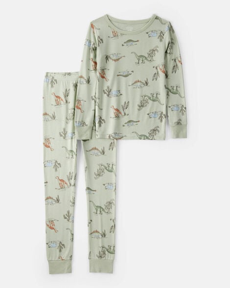 Boys Dinosaur Print PurelySoft Long-Sleeve 2-Piece Pajamas - Green