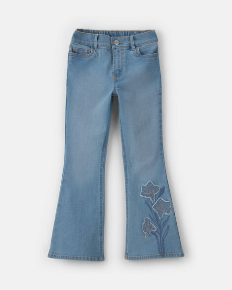 Girls Floral Denim Flare Jeans - Light Wash