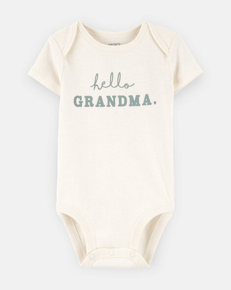 baby "hello grandma" announcement cotton short-sleeve graphic bodysuit - ivory