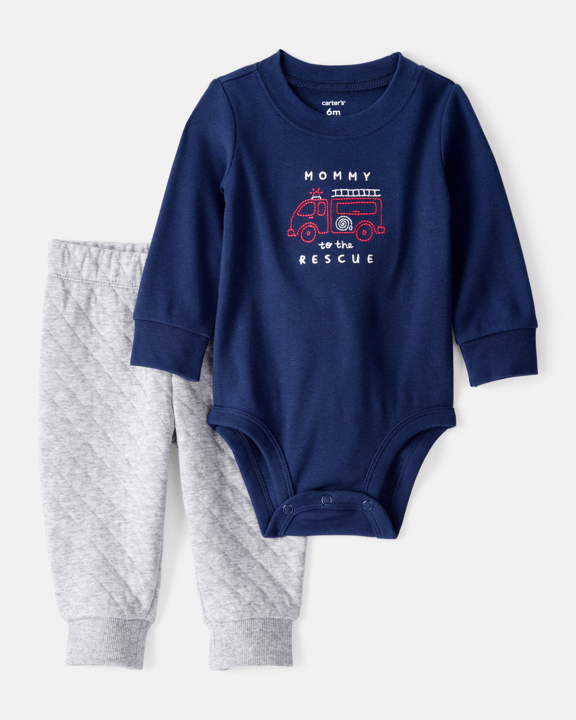Baby Boy 2-Piece Firetruck Print Long-Sleeve Bodysuit & Pant Set - Blue