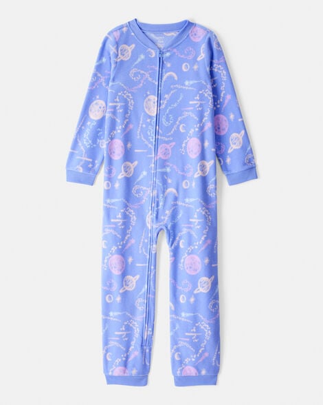 girls space print loose fit long-sleeve zip-up 1-piece pajamas - blue