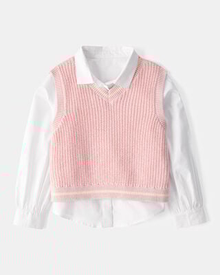 Product image 1 of Kid 2-Piece Button-Front Shirt & Sweater Vest Top - Pink/White