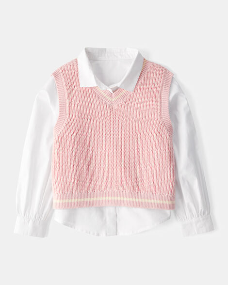 Product image 1 of Kid 2-Piece Button-Front Shirt & Sweater Vest Top - Pink/White