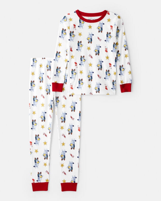 Product image 1 of Kid Bluey Print 100% Cotton Long-Sleeve Snug Fit 2-Piece Pajamas - White