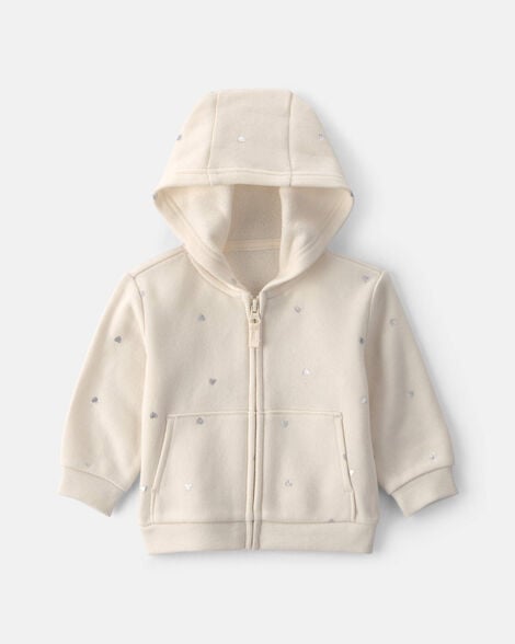 baby girl heart fleece zip-up hoodie - cream