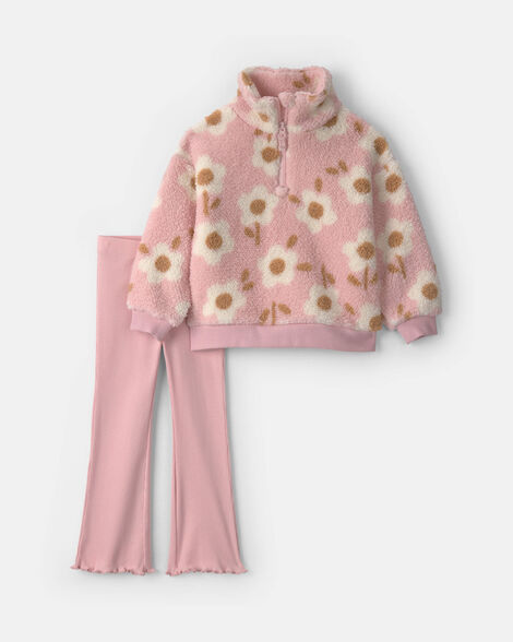 toddler girl 2-piece floral teddy fleece layering set - pink