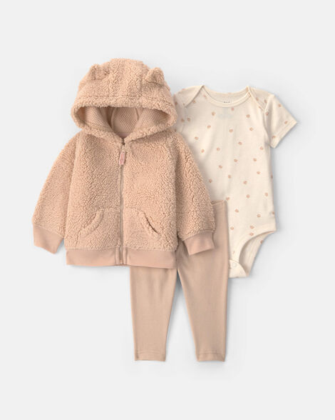 baby girl 3-piece paw print teddy fleece layering set - brown