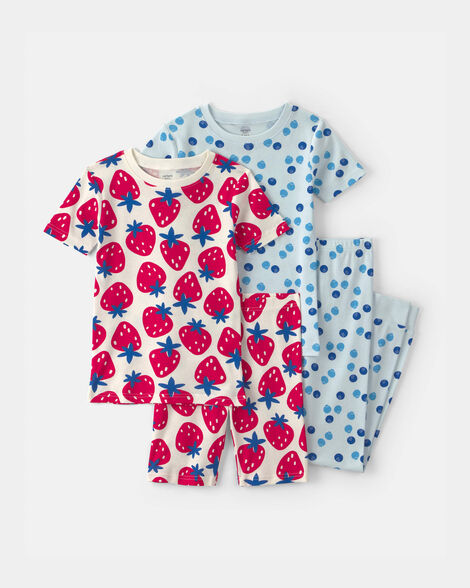 girls fruit 100% cotton 4-piece pajama set - red/blue