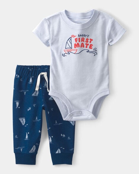 baby boy 2-piece 'daddy's first mate' boat bodysuit & pant set - blue
