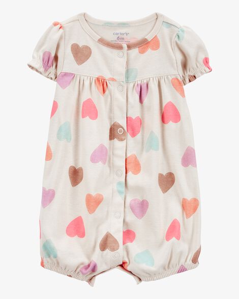  Product image 1 of Baby Heart Print Ribbed Short-Sleeve Romper - Tan