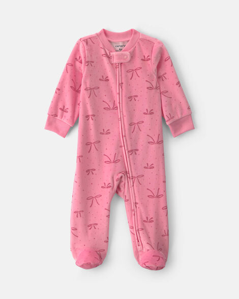 baby girl bow fleece 2-way zip dreamplush sleep & play pajamas - pink