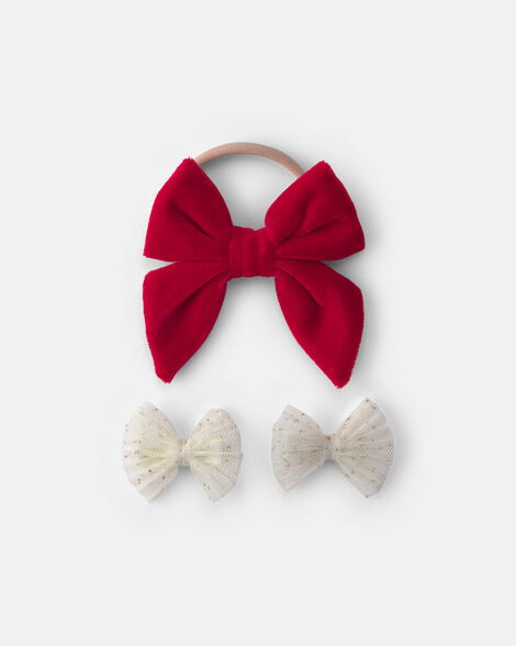 baby girl 3-pack christmas bow headwrap & hair clips - red/cream