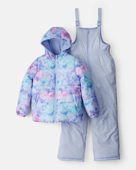 Girls 2-Piece Tie Dye Hooded Snowsuit Jacket & Bib Set - Blue