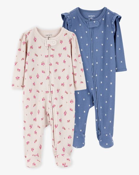 Product image 1 of Baby 2-Pack Ribbed 2-Way Zip Sleep & Play Pajamas - Blue/Khaki