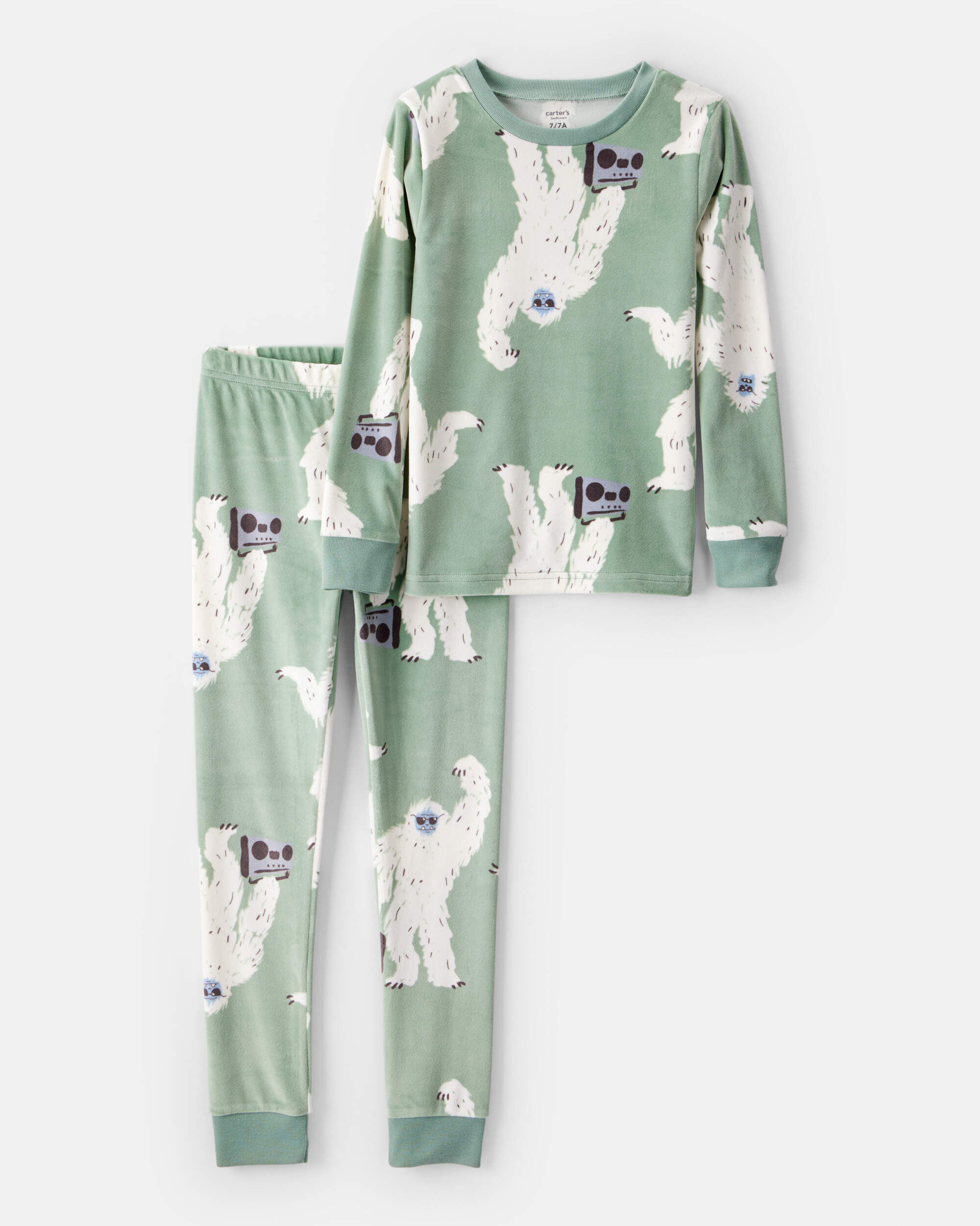 Boys Yeti Print Velour Long-Sleeve Snug Fit 2-Piece Pajamas - Green