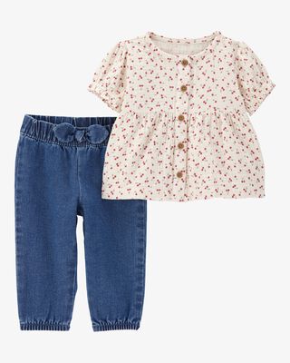 Product image 1 of Baby 2-Piece Floral Button-Front Top & Pull-On Denim Pant Set