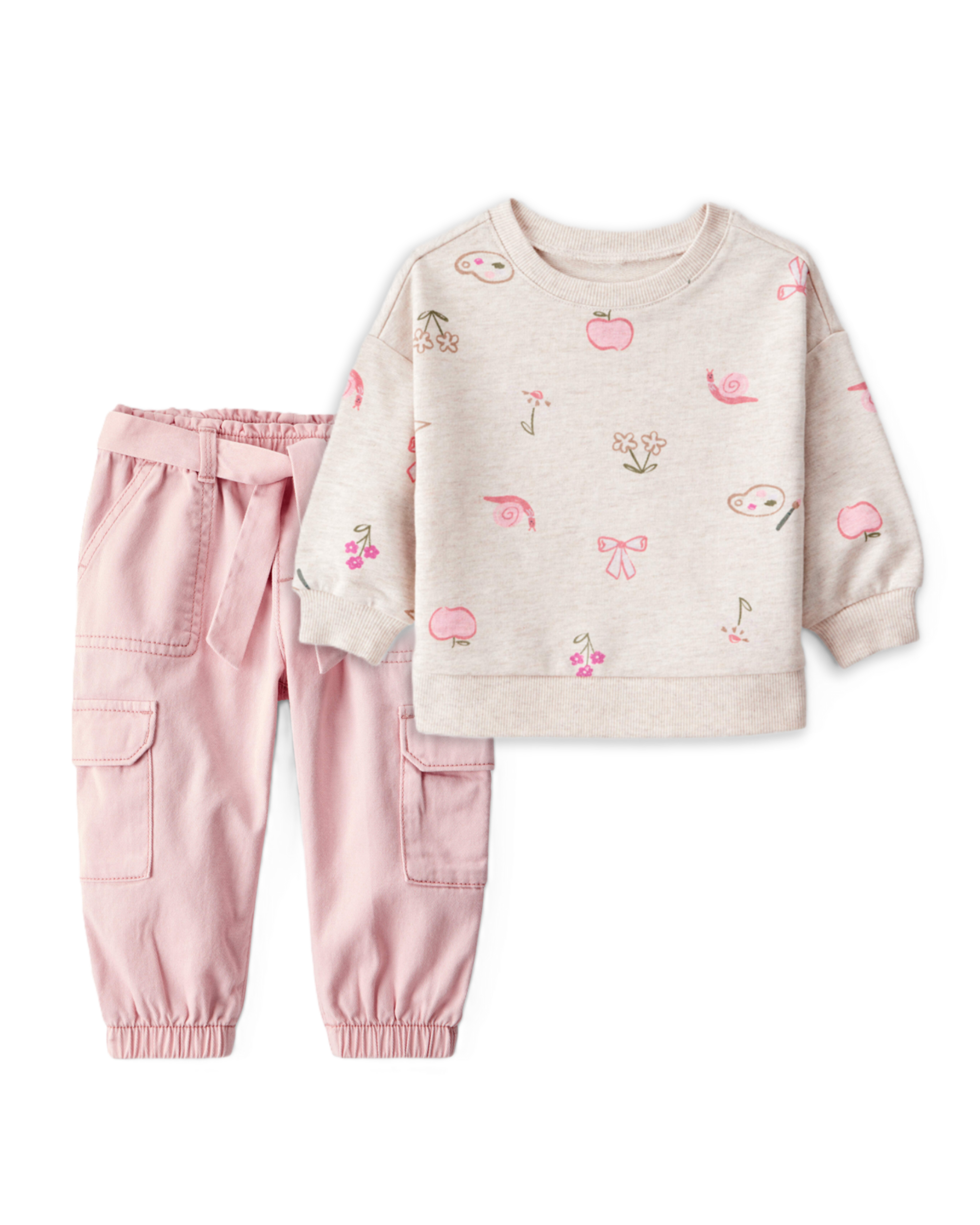 Toddler Girl 2-Piece French Terry Pullover Sweatshirt & Cargo Joggers Set - Ivory/Pink
