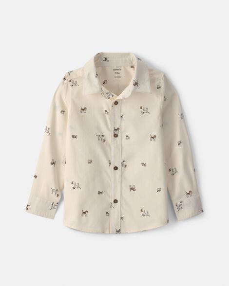boys dog long-sleeve button-down shirt - cream