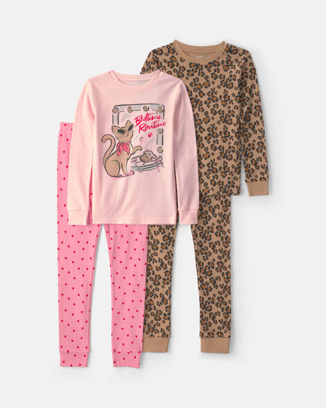girls 4-piece 'sassy cat' leopard 100% cotton snug fit pajama set - pink/brown