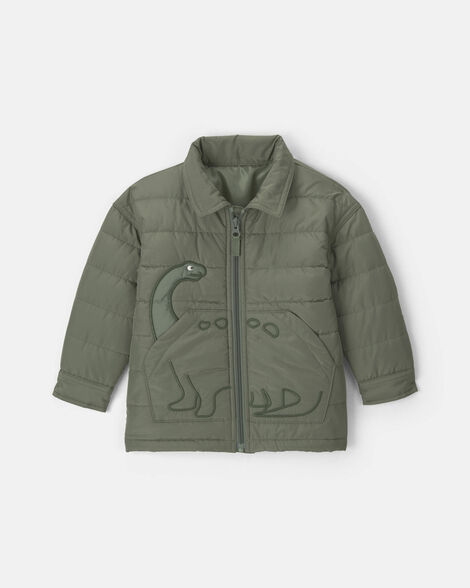 toddler boy dinosaur puffer jacket - olive green