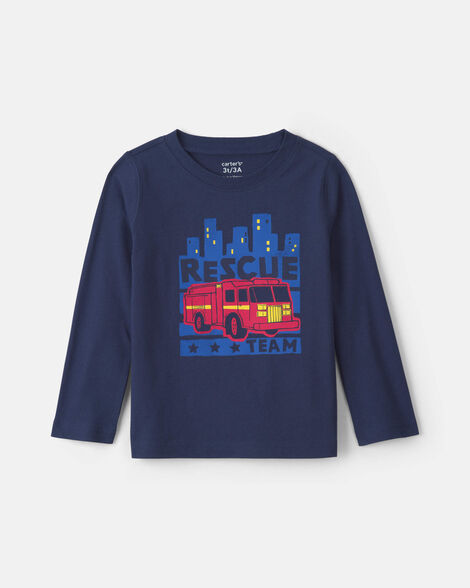 toddler boy 'rescue team' firetruck long-sleeve graphic tee - navy blue