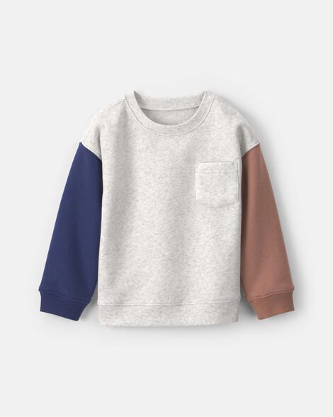 toddler boy color block fleece pullover sweatshirt - grey/brown/blue