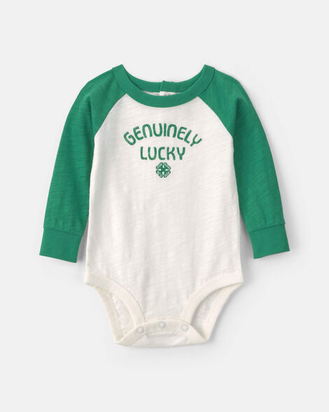 Baby 'Genuinely Lucky' St Patrick's Day Long-Sleeve Graphic Bodysuit - Cream