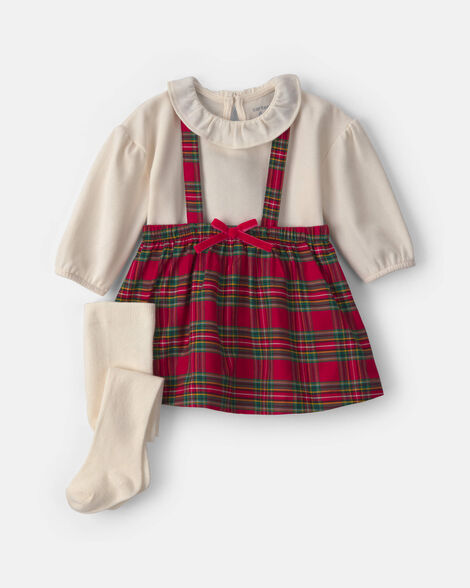 baby girl 3-piece plaid christmas long-sleeve dress set - red/cream