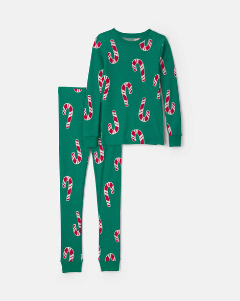 kids candy cane christmas thermal snug fit 2-piece pajama set - green