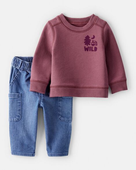 baby boy 2-piece camping fleece sweatshirt & pant set - maroon/blue