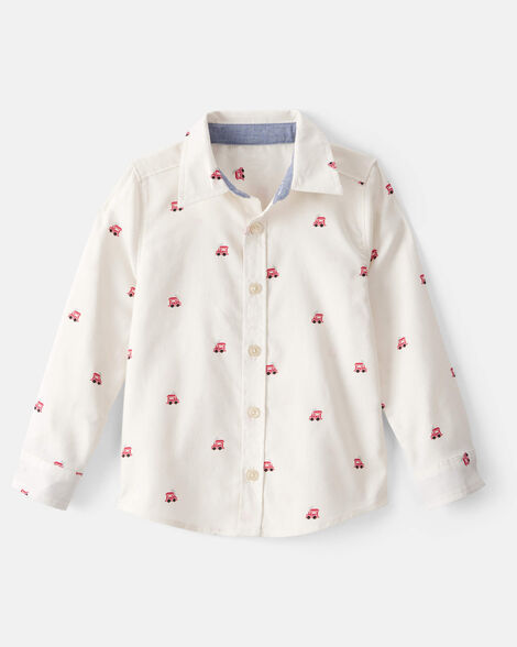 Toddler Boy Train Print  Button-Down Shirt - White