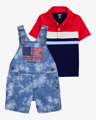 Product image 1 of Toddler 2-Piece Striped Polo & Flag Print Shortalls Set