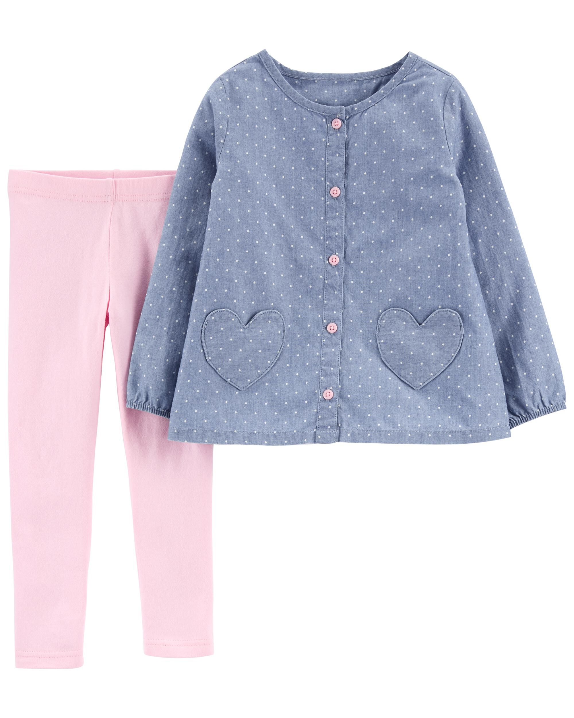 *CLEARANCE* 2-Piece Heart Chambray Top & Legging Set
