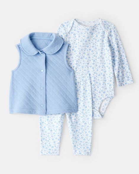 baby girl 3-piece floral vest outfit set - blue