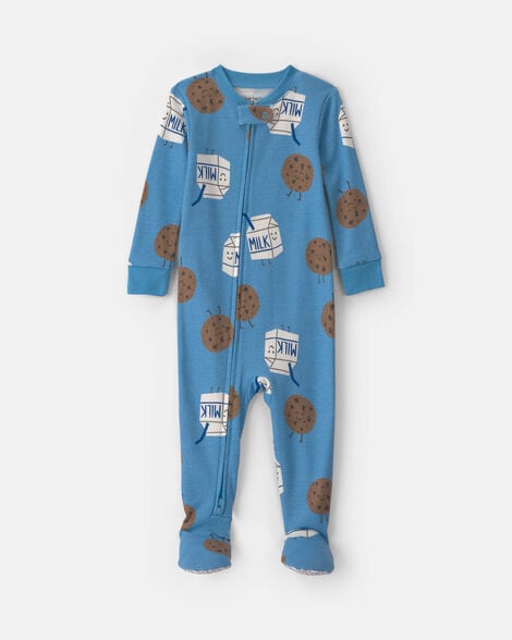 baby boy 1-piece milk & cookies 2-way zip 100% cotton snug fit footed pajama - blue