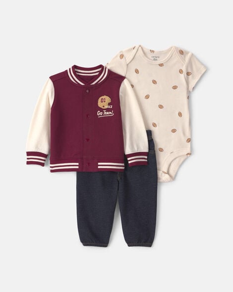 baby boy 3-piece 'go team' football french terry layering set - maroon