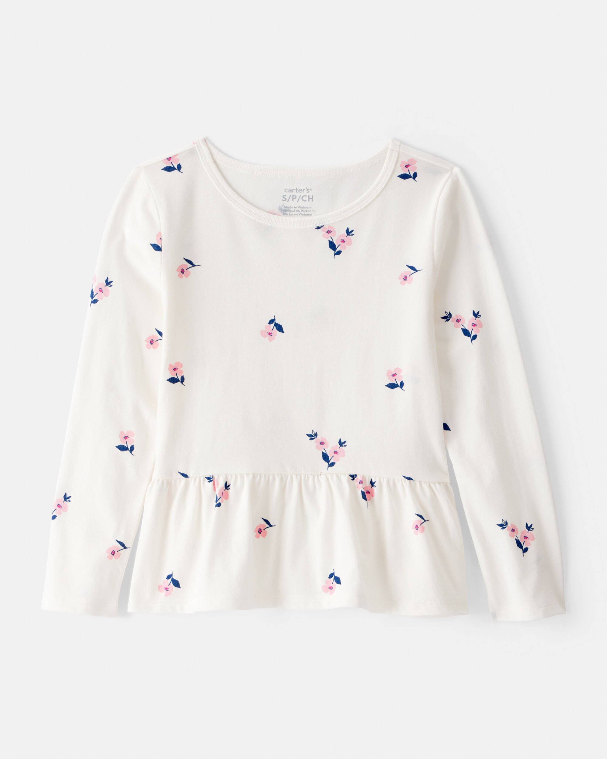 Girls Floral Long-Sleeve Peplum Top - Ivory