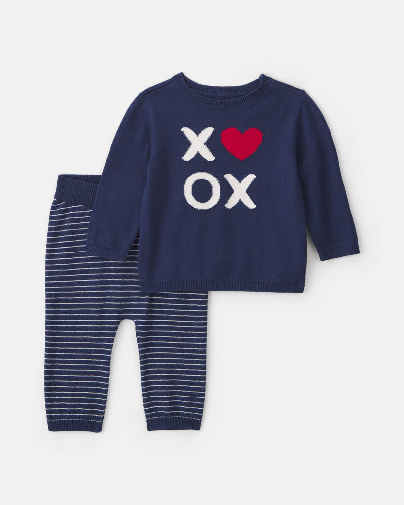 Carter's baby boy 2-piece heart 'xoxo' valentine's day long-sleeve top & pant set 12M Navy Blue