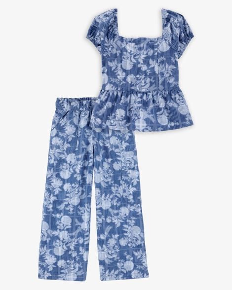 Product image 1 of Kid 2-Piece Floral Peplum Top & Drawstring Pants Set - Blue