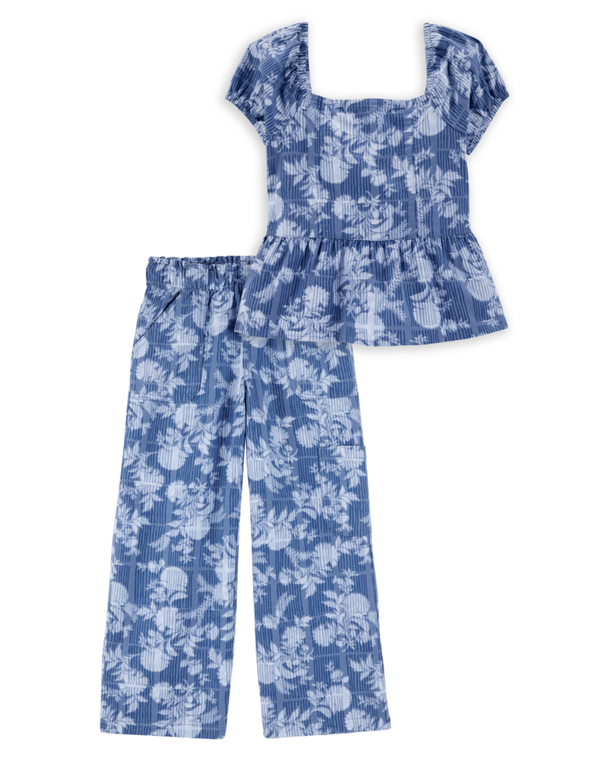 Kid 2-Piece Floral Peplum Top & Drawstring Pants Set - Blue