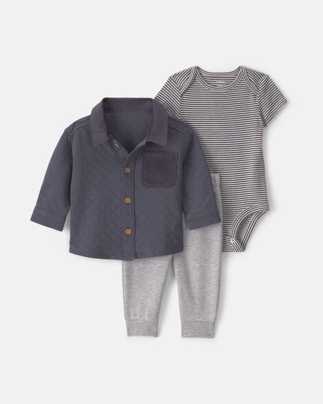 baby boy 3-piece quilted french terry layering set - grey