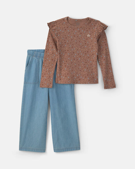 girls 2-piece floral chambray long-sleeve top & pant set - brown/blue